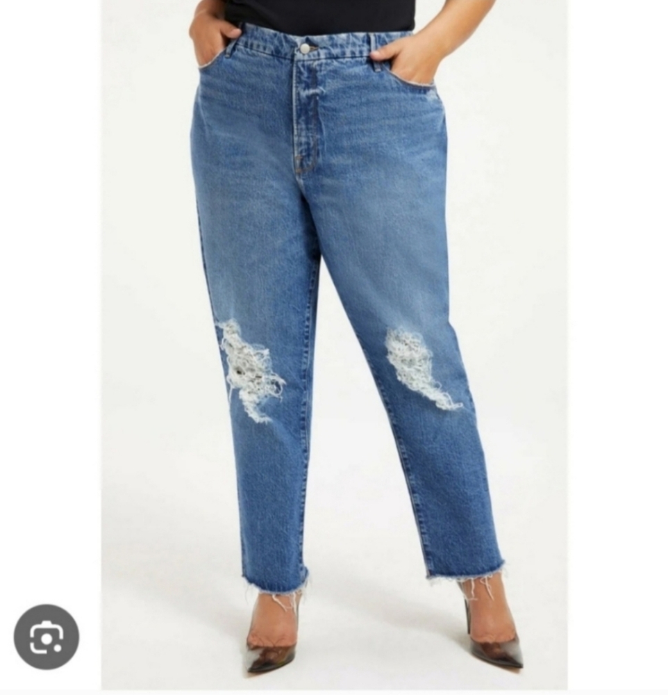 Good American The Weekender High Rise Loose Leg Raw Hem Indigo Wash Jeans